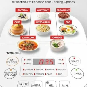 Toshiba Mini Rice Cooker 3 Cup Capacity Mini rice cooker that cooks uncooked rice with steaming and warming functions, fuzzy logic and one-touch cooking, 24-hour delay timer and auto-keep warm feature. - Image 6